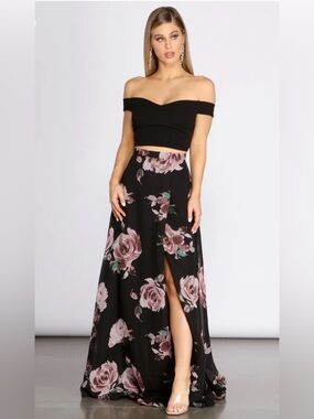 Windsor - Flora Floral 3 Piece Dress - 2 Skirts 1 Top - Medium Black Pink Roses